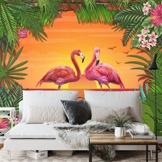 Fototapet Flamingos Bakom En Tegelvägg