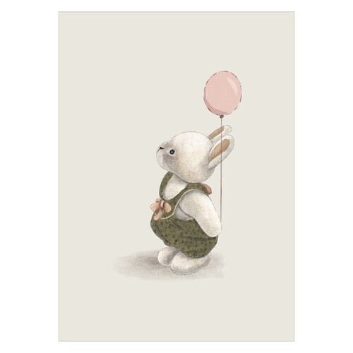 Affisch med en söt kanin som tittar upp på sin ballong på en beige bakgrund