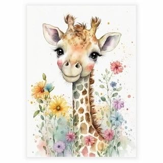 Blommig affisch med liten giraff