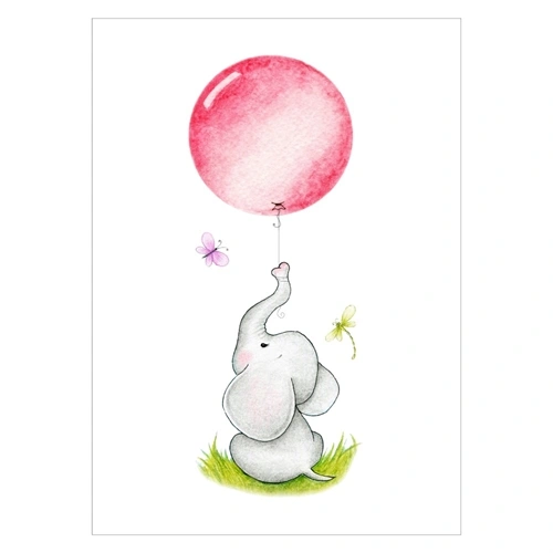 Barnaffisch sitter elefant med rosa ballong