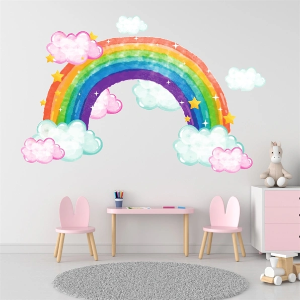 Väggdekaler regnbåge i akvarell med moln och stjärnor