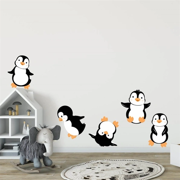 Väggdekor med 5 söta lekande pingviner