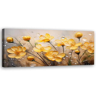 Canvastavla, Gula blommor Växter Rosiga droppar - (120x40)