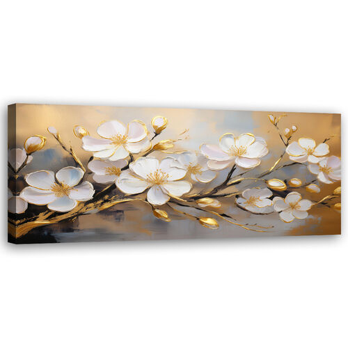 Canvastavla, Moderna vita blommor växter kvist. - (90x30)