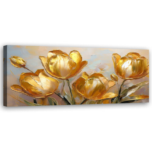 Canvastavla, Gyllene tulpaner målade blommor - (90x30)