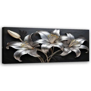 Canvastavla, Liljor Silvermålade blommor - (120x40)