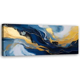 Canvastavla, Abstrakt marmor textur blå guld - (150x50)