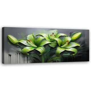 Canvastavla, Abstrakta gröna liljor målade blommor - (90x30)