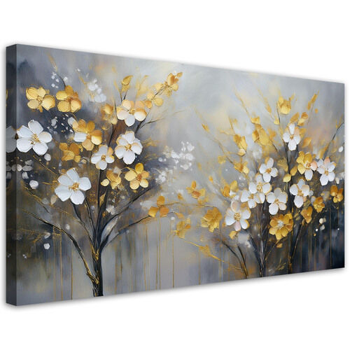 Canvastavla, Abstrakt träd blommor guld - (80x40)