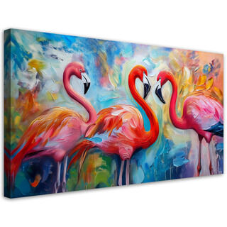 Canvastavla, Flamingos fåglar djur abstrakt färgglada. - (80x40)