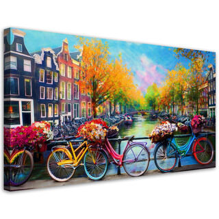 Canvastavla, Amsterdam Cyklar Stadslandskap - (120x60)