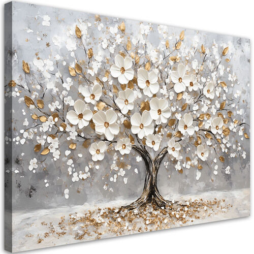 Canvastavla, Livets träd Vita blomma blad förgyllda - (90x60)