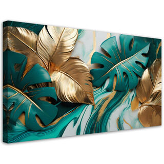 Canvastavla, Monstera blad guld turkos marmor - (80x40)