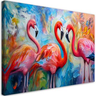 Canvastavla, Flamingos fåglar djur abstrakt färgglada.