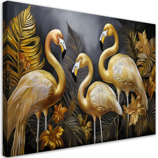 Canvastavla, Guld Flamingos Fåglar Glamour