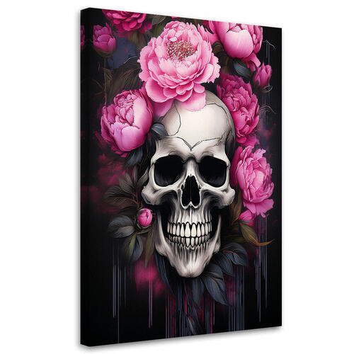 Canvastavla, Dödskalle rosa pionblommor