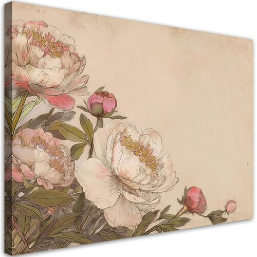 Canvastavla, Rosa pioner blommor retro beige