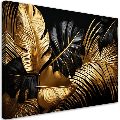 Canvastavla, Guld Svarta Monstera-palmblad