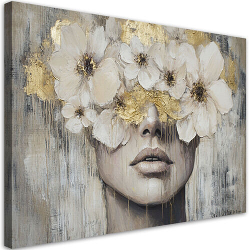 Canvastavla, Kvinna blommor gyllene beige