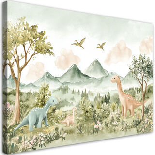 Canvastavla, Glada dinosaurier Berglandskap