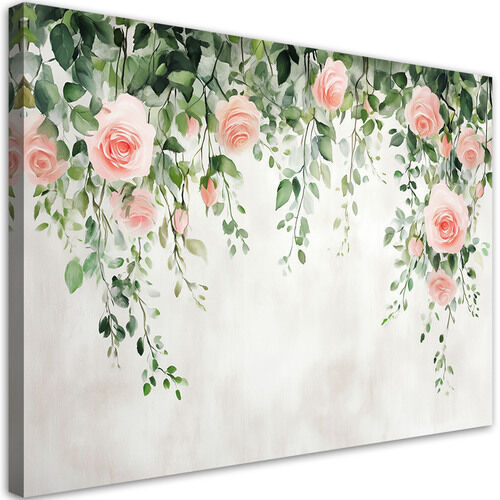 Canvastavla, Hängande rosor blommor gröna blad betong