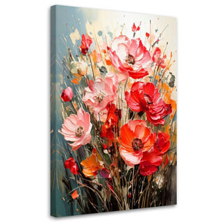 Canvastavla, Blommor Vallmo Impasto Rött Orange Färgglatt