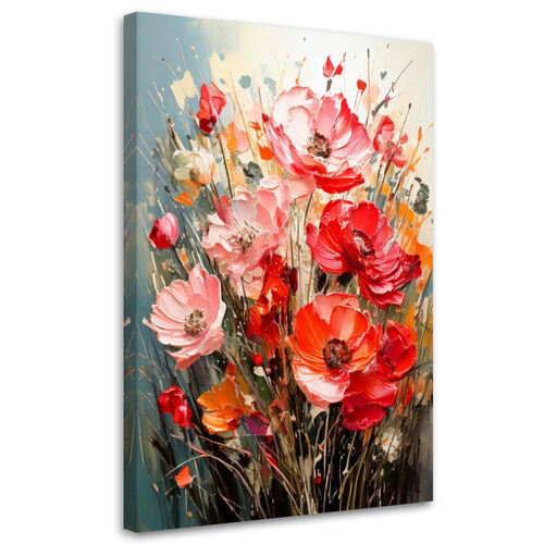 Canvastavla, Blommor Vallmo Impasto Rött Orange Färgglatt