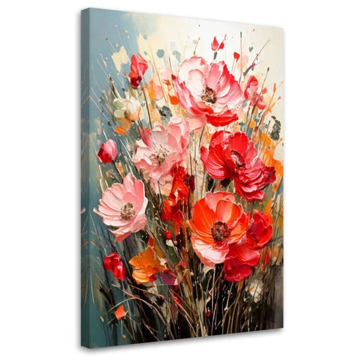 Canvastavla, Blommor Vallmo Impasto Rött Orange Färgglatt