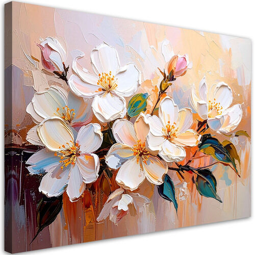 Canvastavla, Målade vita blommor i beige