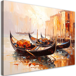 Canvastavla, Venedig stad gondoler beige
