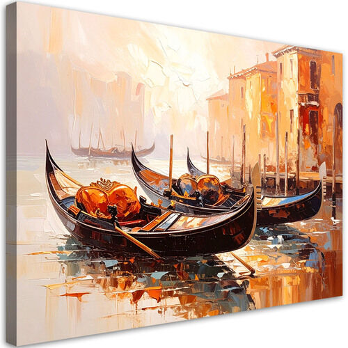 Canvastavla, Venedig stad gondoler beige