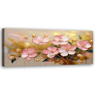 Canvastavla, Abstrakt rosa blommor Glamour guld - (150x50)