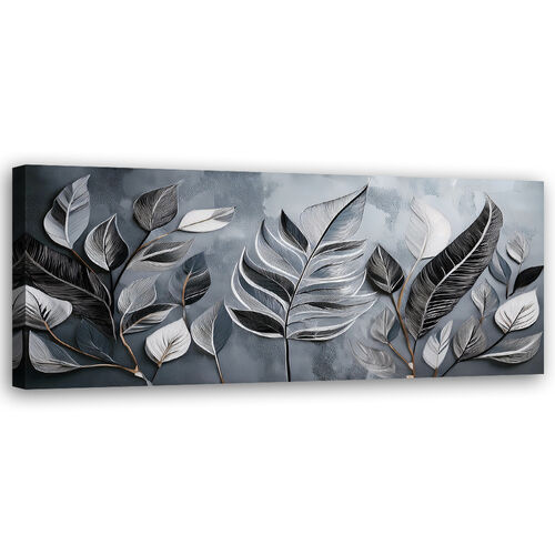 Canvastavla, Minimalism Silver Leaves Nature Botany - (150x50)