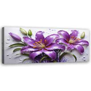 Canvastavla, Blommor Lila Liljor Vattendroppar - (150x50)