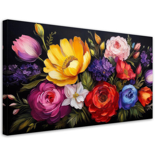 Canvastavla, Blommande färgglada blommor bukett - (120x60)