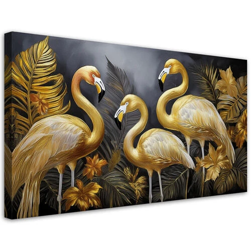 Canvastavla, Guld Flamingos Fåglar Glamour - (80x40)