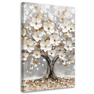 Canvastavla, Livets träd Vita blomma blad förgyllda - (40x60)