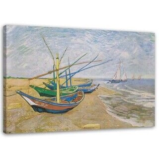 Canvastavla, Fiskebåtar på stranden vid Saintes-Maries-de-la-Mer - V. van Gogh Reproduktion