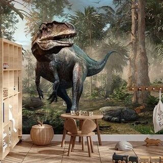 Fototapet Realistisk Dinosaurie Och Palmer