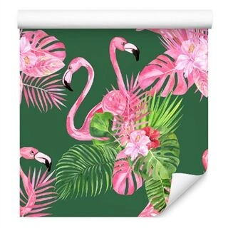 Tapet För Vardagsrummet Flamingos, Fåglar, Blommor, Grönt