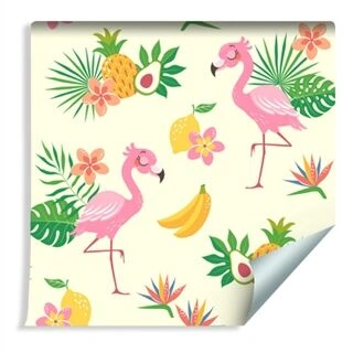 Tapet För Barn - Flamingos Och Exotiska Växter