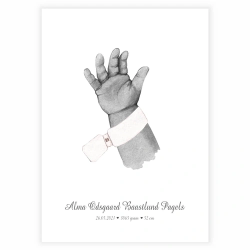 Nyfödd – köp en fin affisch online idag. Förtjusande familjeaffisch med illustration av en liten babys hand och namn.