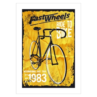 Affisch med retrotext. Cykla. Snabba hjul. Cykeltur 1983