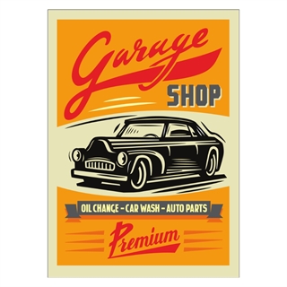 Affisch med retrotext. Garage butik olja chans. Biltvätt och bildelar