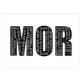 Affisch för mamma. 3 bokstäver MOR är fylld med söta och kärleksfulla ord som kännetecknar en mamma