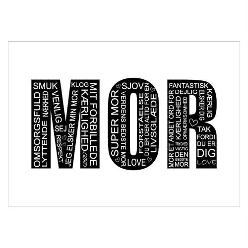 Affisch för mamma. 3 bokstäver MOR är fylld med söta och kärleksfulla ord som kännetecknar en mamma