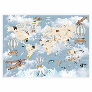 Barnaffisch - Världskarta i blått med djur retro