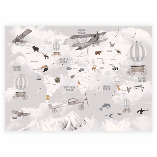 Barnaffisch -  Världskarta med dyra grå retro