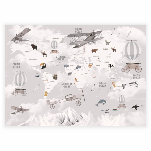 Barnaffisch med världskarta och djur i grå retrofärger