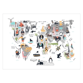 Barnaffisch med en världskarta och roliga djur i färgglad design